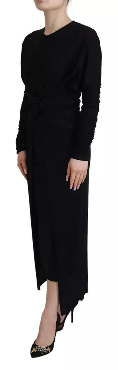 Pre-owned Dolce & Gabbana Black Sheath Midi Gown Wool Wrap Women's Dress ()