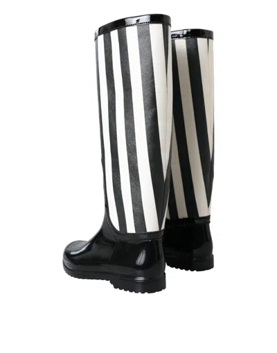 Dolce & Gabbana Black Rubber Knee High Flat Boots Shoes In Black And White