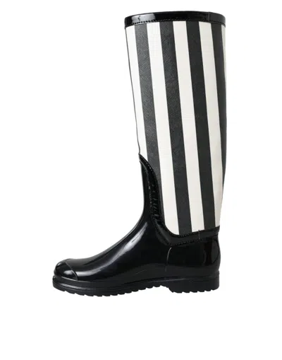 Dolce & Gabbana Black Rubber Knee High Flat Boots Shoes In Black And White
