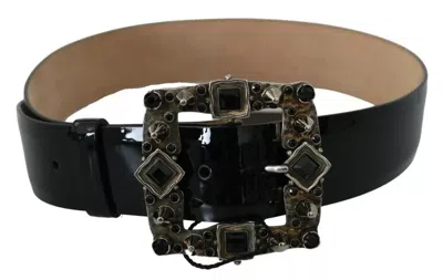 Pre-owned Dolce & Gabbana Black Shiny Leather Crystal Logo Buckle Women's Belt ()
