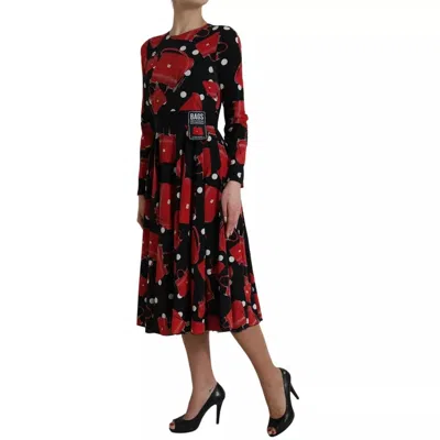 Pre-owned Dolce & Gabbana Black Sicily Bag Print Flared Midi Women's Dress () In Black And Red