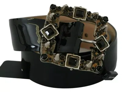 Pre-owned Dolce & Gabbana Black Shiny Leather Crystal Logo Buckle Women's Belt ()