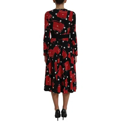 Pre-owned Dolce & Gabbana Black Sicily Bag Print Flared Midi Women's Dress () In Black And Red