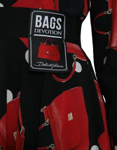 Pre-owned Dolce & Gabbana Black Sicily Bag Print Flared Midi Women's Dress () In Black And Red