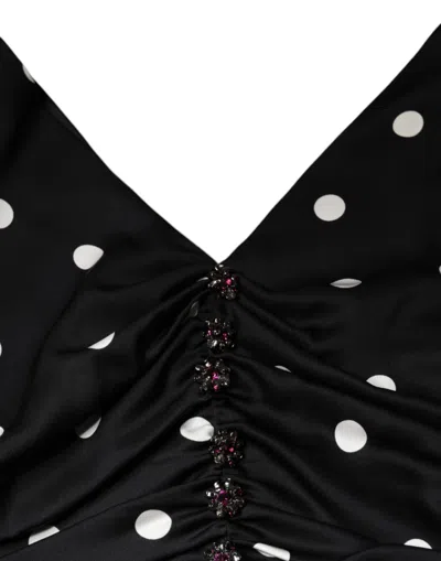 Pre-owned Dolce & Gabbana Black Silk Polka Dot V-neck Tassel Midi Women's Dress ()