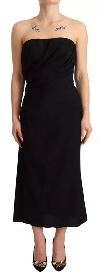 Pre-owned Dolce & Gabbana Black Silk Stretch Strapless Sheath Midi Women's Dress ()
