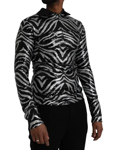 Dolce & Gabbana Black Silver Sequined Polyester Men's Sweater In Black | Silver