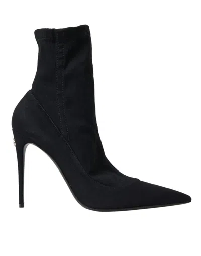 Dolce & Gabbana Black Stiletto Heels Denim Ankle Boots Women's Shoes In Black