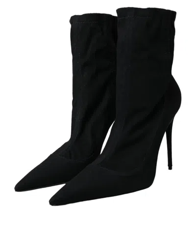 Dolce & Gabbana Black Stiletto Heels Denim Ankle Boots Women's Shoes In Black