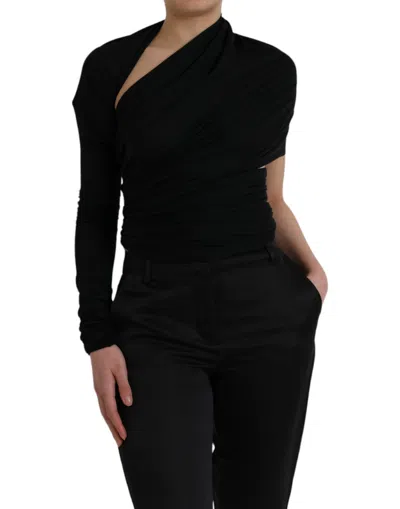 Dolce & Gabbana Black Wool Cutout Asymmetric Long Sleeve Top In Black