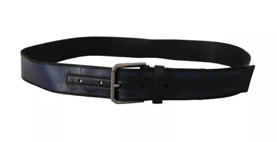 Pre-owned Dolce & Gabbana Blue Black Logo Print Silver Buckle Men's Belt () In Black And Blue