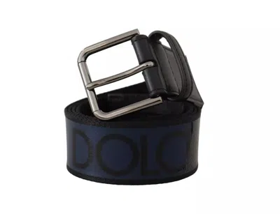 Pre-owned Dolce & Gabbana Blue Black Logo Print Silver Buckle Men's Belt () In Black And Blue