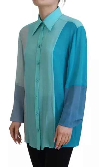 Pre-owned Dolce & Gabbana Blue Collar Long Sleeve Blouse Silk Women's Top ()