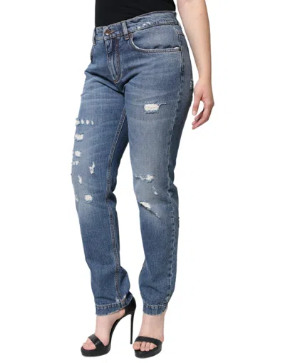 Dolce & Gabbana Blue Cotton Tattered Boyfriend Denim Jeans In Blue