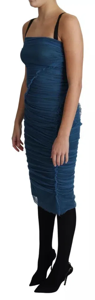 Pre-owned Dolce & Gabbana Blue Draped Tulle Midi Sheath Cotton Women's Dress ()