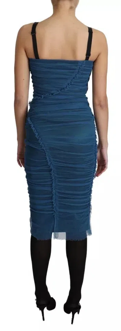 Pre-owned Dolce & Gabbana Blue Draped Tulle Midi Sheath Cotton Women's Dress ()