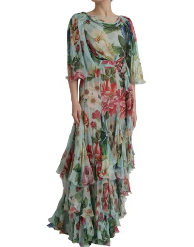 Dolce & Gabbana Blue Floral Print Tiered Long Maxi Dress In Blue