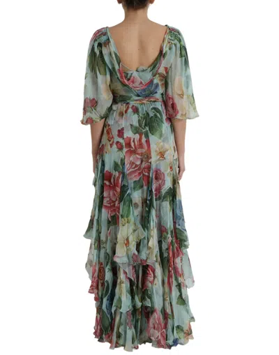 Dolce & Gabbana Blue Floral Print Tiered Long Maxi Dress In Blue