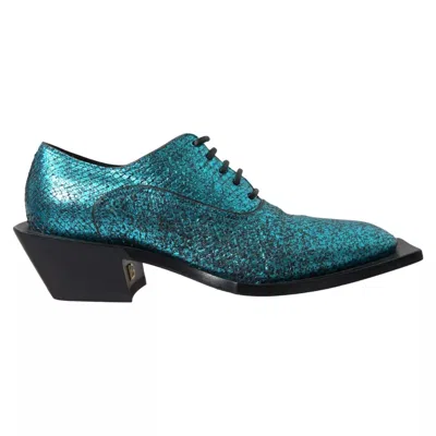 Dolce & Gabbana Blue Leather Derby Block Heels Dress Shoes In Blue