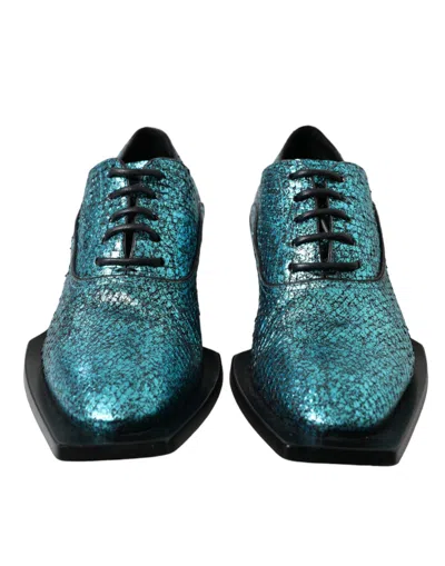 Dolce & Gabbana Blue Leather Derby Block Heels Dress Shoes In Blue