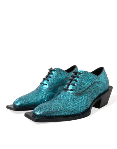 Dolce & Gabbana Blue Leather Derby Block Heels Dress Shoes In Blue