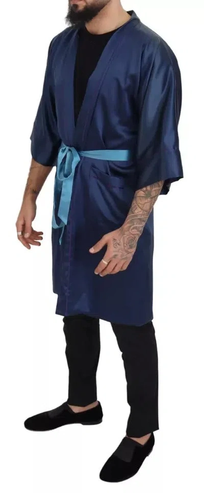 Pre-owned Dolce & Gabbana Blue Satin Silk Waist Belt Robe Men's Jacket ()