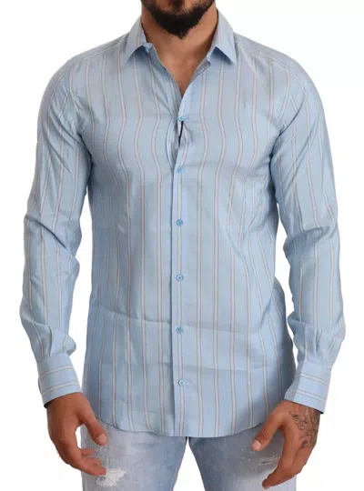 Pre-owned Dolce & Gabbana Blue Striped Silk Formal Dress Martini Men's Shirt ()