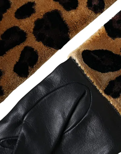 Dolce & Gabbana Brown Black Leopard Leather Elbow Length Gloves In Black And Brown