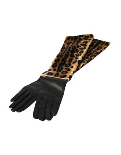 Dolce & Gabbana Brown Black Leopard Leather Elbow Length Gloves In Black And Brown
