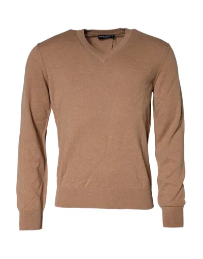 Dolce & Gabbana Brown Cashmere Knit V-neck Pullover Sweater In Brown