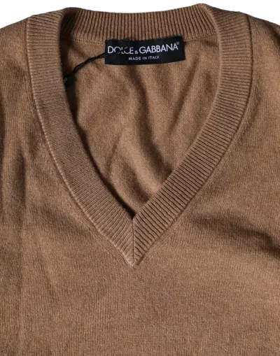 Dolce & Gabbana Brown Cashmere Knit V-neck Pullover Sweater In Brown
