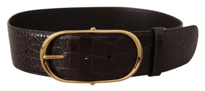 Dolce & Gabbana Brown Crocodile Pattern Leather Gold Oval Buckle Belt In Brown