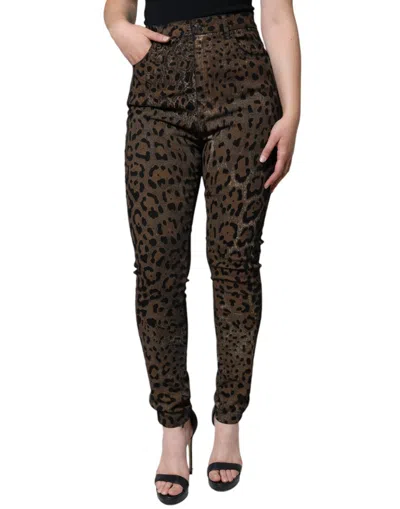 Dolce & Gabbana Brown Leopard Cotton Skinny Denim Jeans In Brown