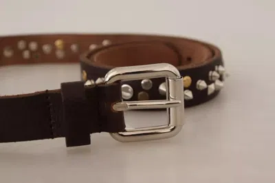 Pre-owned Dolce & Gabbana Brown Leather Studded Silver Metal Buckle Women's Belt ()