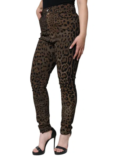 Dolce & Gabbana Brown Leopard Cotton Skinny Denim Jeans In Brown
