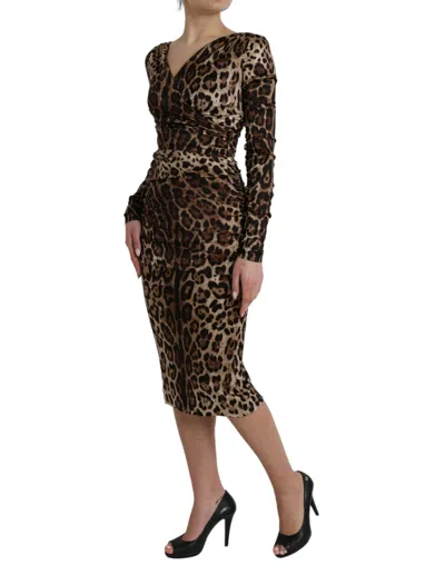 Dolce & Gabbana Brown Leopard Print Bodycon V-neck Midi Dress In Brown