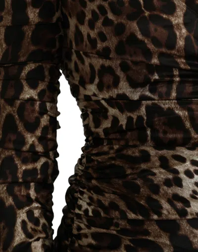 Dolce & Gabbana Brown Leopard Print Bodycon V-neck Midi Dress In Brown