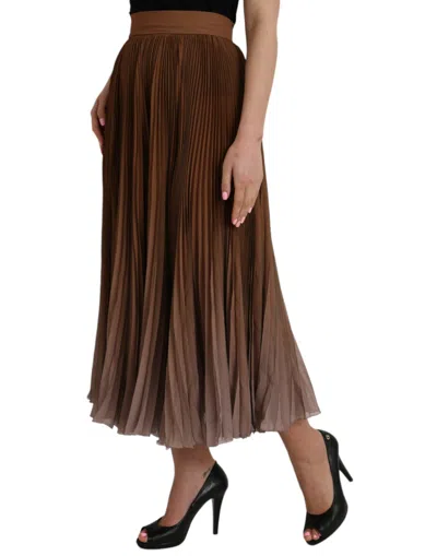 Dolce & Gabbana Brown Polyester Pleated High Waist Midi Women's Skirt In Brown