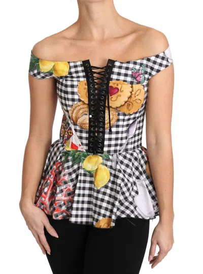 Dolce & Gabbana Black And White Corset Blouse Sicily Lemon Check Top In Black/white