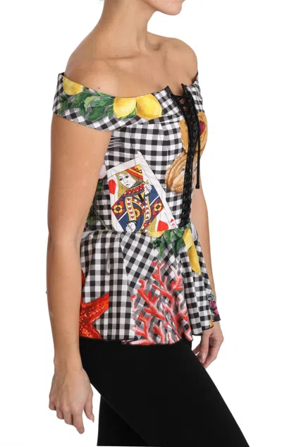 Dolce & Gabbana Black And White Corset Blouse Sicily Lemon Check Top In Black/white