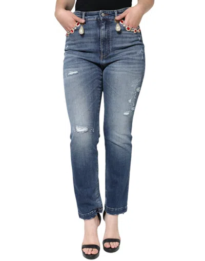 Dolce & Gabbana Dark Blue Cotton Tattered Skinny Denim Jeans In Blue