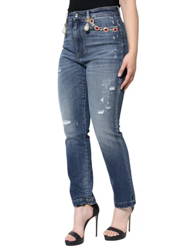 Dolce & Gabbana Dark Blue Cotton Tattered Skinny Denim Jeans In Blue