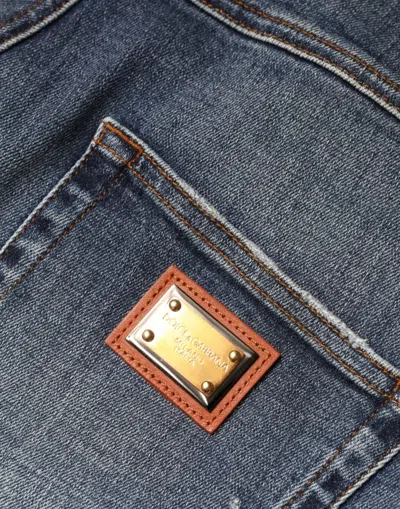 Dolce & Gabbana Dark Blue Cotton Tattered Skinny Denim Jeans In Blue