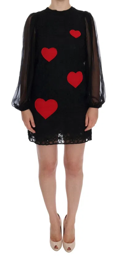 Dolce & Gabbana Black Lace Red Heart Shift Dress In Black