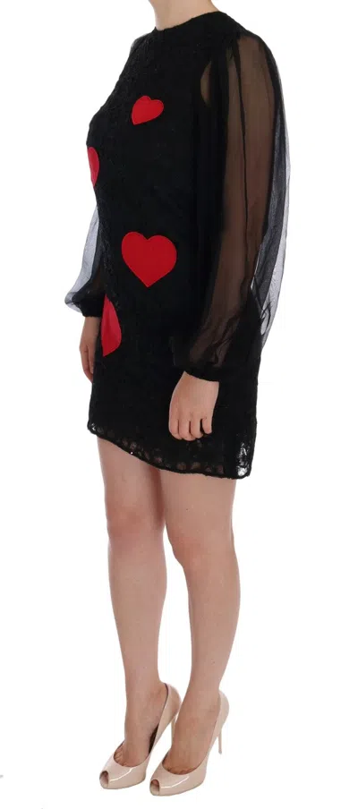 Dolce & Gabbana Black Lace Red Heart Shift Dress In Black