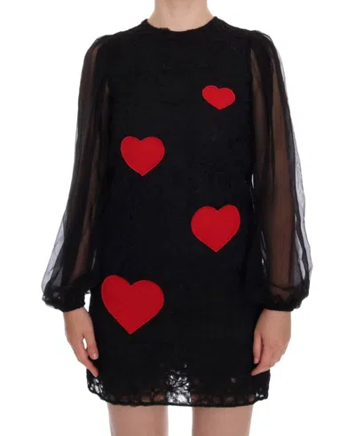 Dolce & Gabbana Black Lace Red Heart Shift Dress In Black