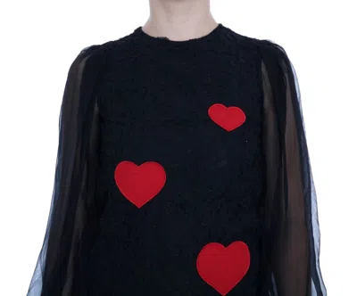 Dolce & Gabbana Black Lace Red Heart Shift Dress In Black