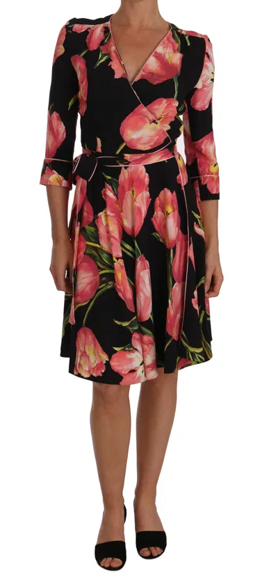 Dolce & Gabbana Black Pink Tulip Print Stretch Shift Dress In Black