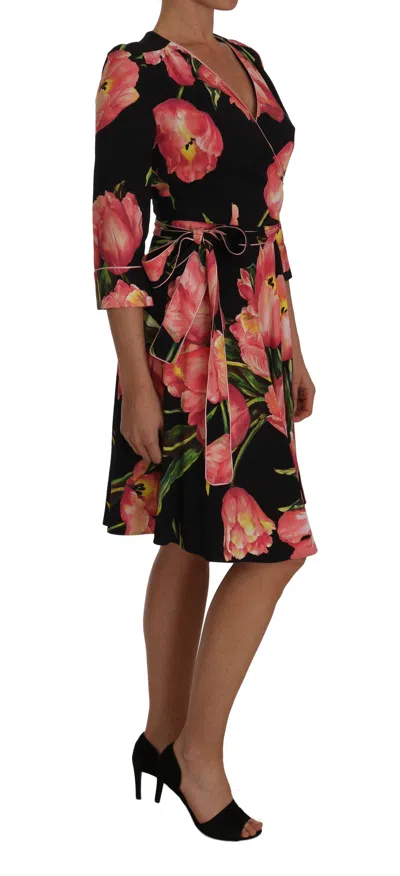Dolce & Gabbana Black Pink Tulip Print Stretch Shift Dress In Black