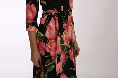 Dolce & Gabbana Black Pink Tulip Print Stretch Shift Dress In Black